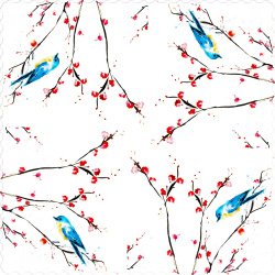 رومیزی مخمل مربع شکوفه بهاری و گنجشک