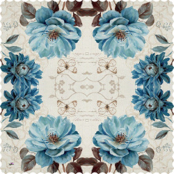 رومیزی مربع نقاشی گل داوودی آبی وینتیج