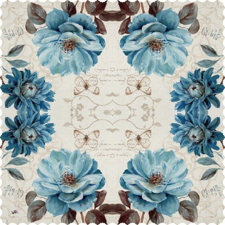 رومیزی مربع نقاشی گل داوودی آبی وینتیج