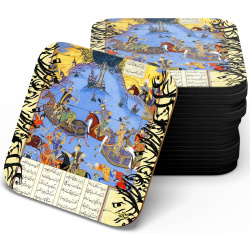 زیر لیوانی سنتی چوبی mdf شاهنامه مینیاتور شکارگاه و سیاه مشق