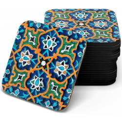 زیر لیوانی چوبی MDF ترنج زرد و ابی لعابی