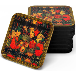 زیر لیوانی چوبی mdf گل و مرغ حاشیه دار