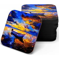 زیر لیوانی چوبی MDF رنگ روغن قایق در غروب دریا