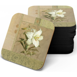 زیر لیوانی چوبی MDF نقاشی گل لیلیوم زمینه کرم